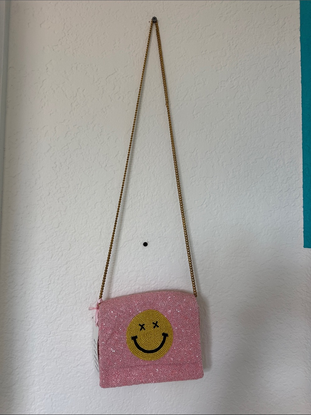 Pink Beaded Crossbody with Yellow Smile Motif